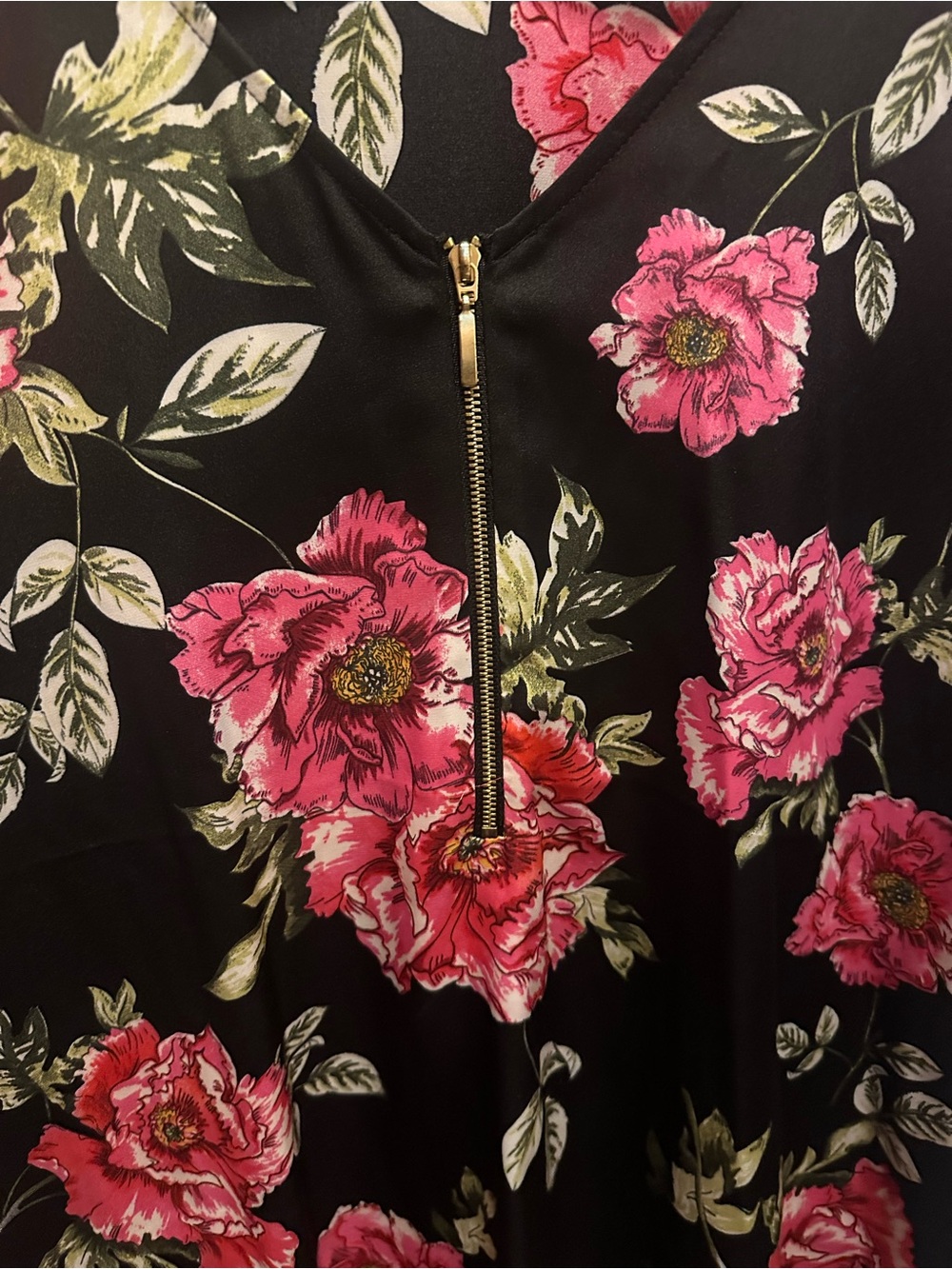 Express Black Floral Zip-Front Blouse with Pink Blooms - Picture 4 of 4
